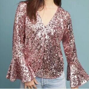 Anthropologie pink sequin bell sleeves blouse size 2‎ glam date night barbie